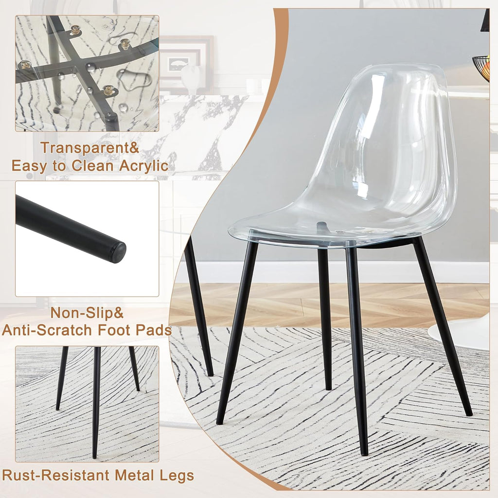 Round Dining Table Set for 4, 39" Glass Dining Table Set with Black Adjustable X-Shaped Metal Leg&4 Clear Acrylic Chairs with Chrome Legs, Small Space-Saving Table Set Ideal for Kitchen, Dining Room