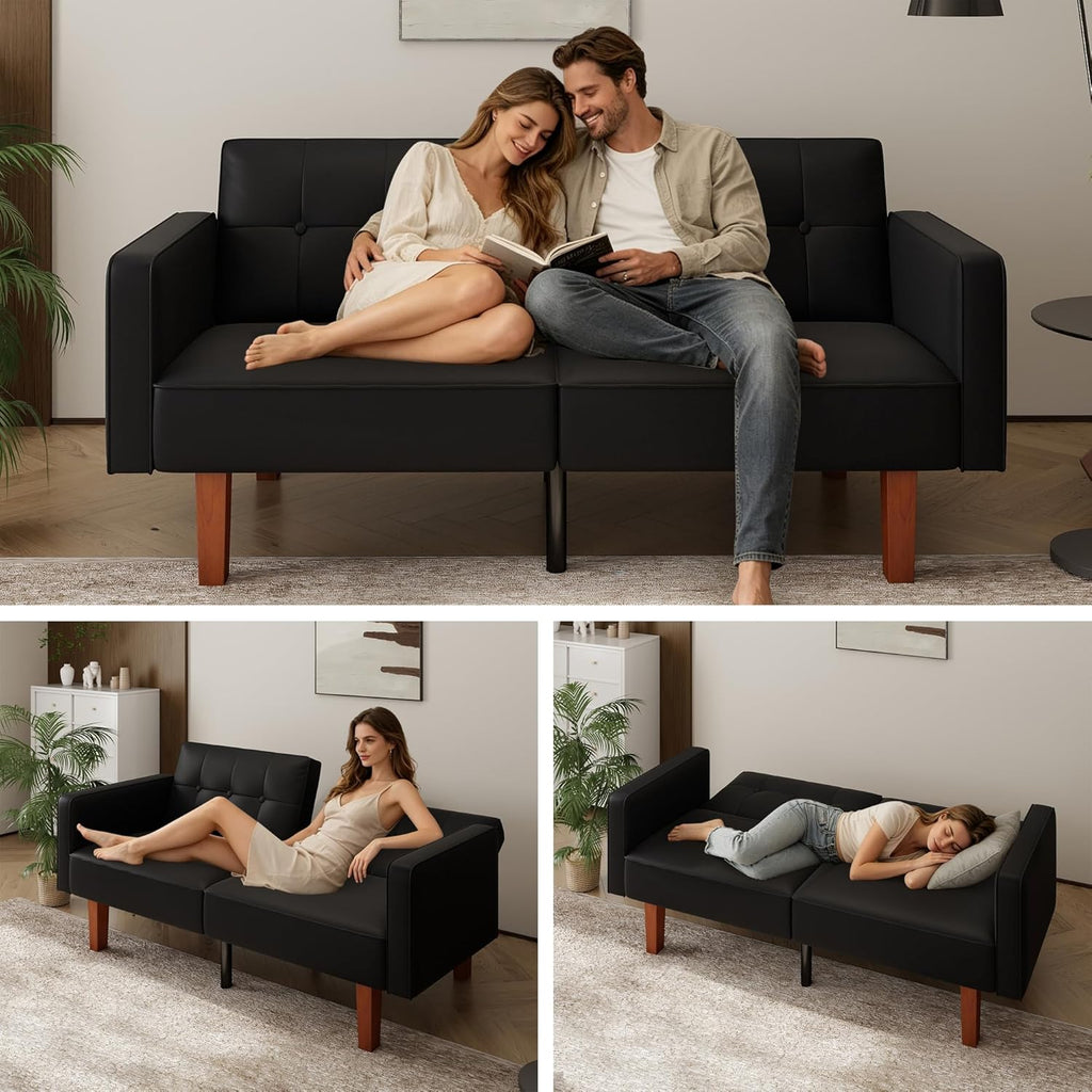 mikibama Convertible Futon Sofa Bed with Split Back,Mid Century Modern Sleeper Couch Beds,68.11" Futons for Living Room RV,Tufted Small Love Seat for 2 People Small Spaces (Black, 68.11")