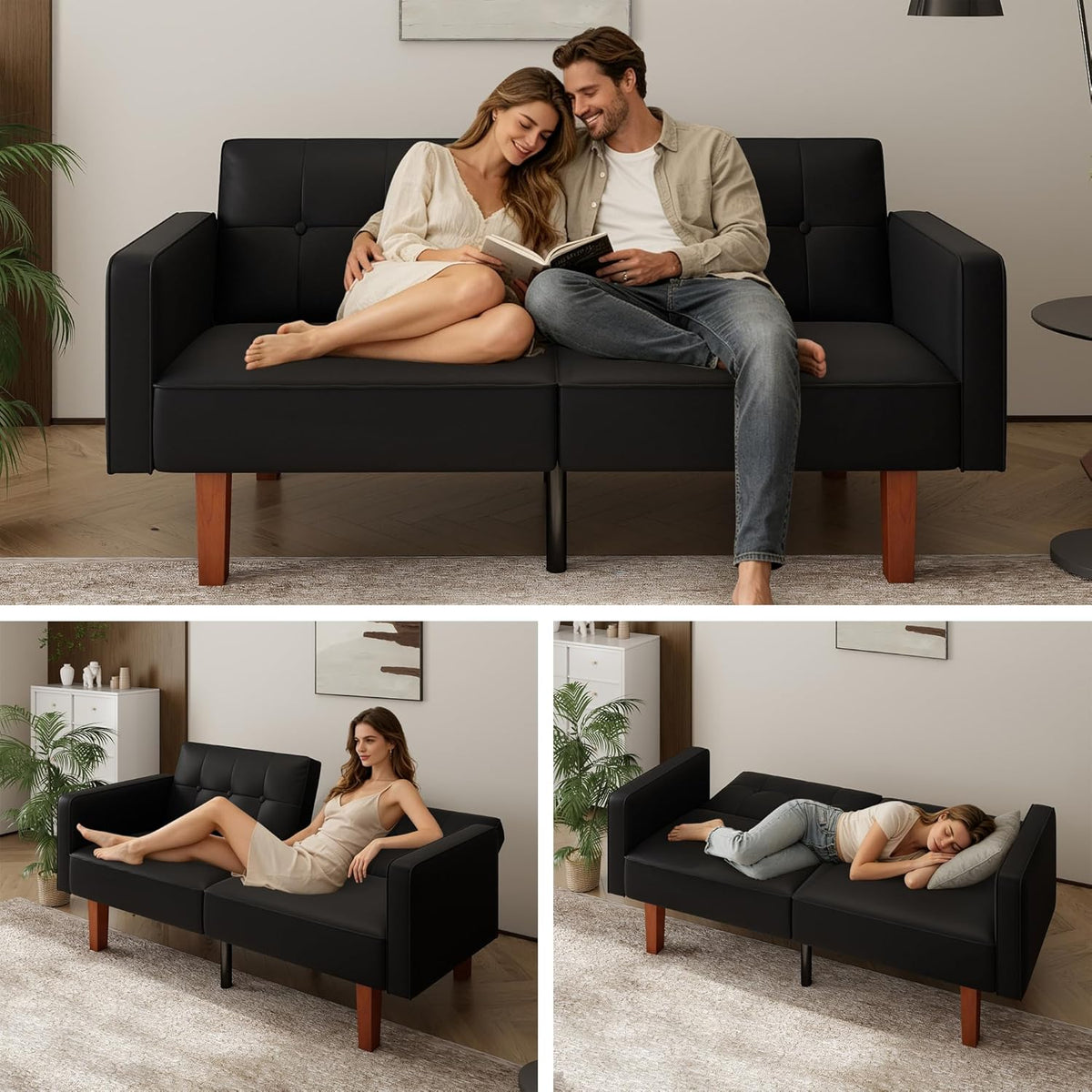mikibama Convertible Futon Sofa Bed with Split Back,Mid Century Modern Sleeper Couch Beds,68.11" Futons for Living Room RV,Tufted Small Love Seat for 2 People Small Spaces (Black, 68.11")