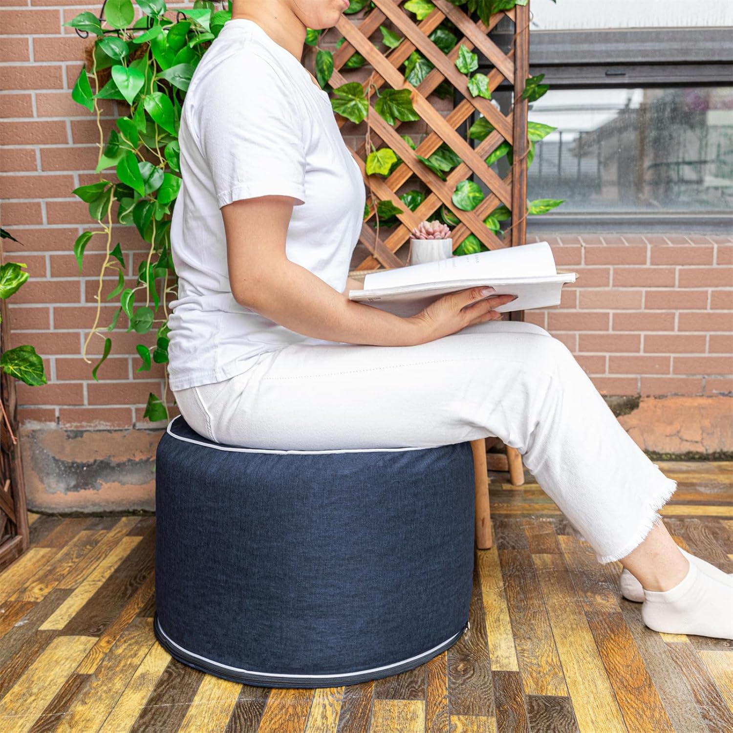 Outdoor Ottoman Outdoor Ottomans for Patio 20x12 Inches Modern Lightweight Foam Stuffed Pouf Outdoor Footstool Footrest Foot Stool Waterproof (Navy Blue)
