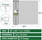 HOPERAN Hardware Cloth 1/2 Inch 48 x 50 ft - 19 Gauge Chicken Wire Fencing, Galvanized Wire Mesh Roll, Welded Wire Fence, Chicken Coop Wire Fence Gopher Wire Rabbit Wire Poultry Netting Cage