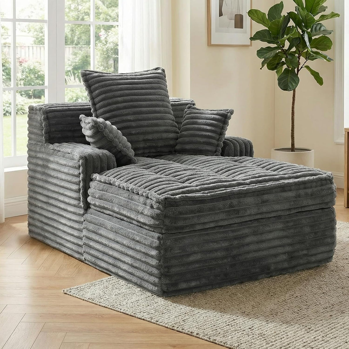 Chaise Lounge Chair Indoor, Top Fixed-Point Comfort Layer Couch, 57'' Cloud Corduroy Sofa Bed, Block + Crumb Foam Construction, Deep Seat Reading Chair with 3 Pillows, No Assembly