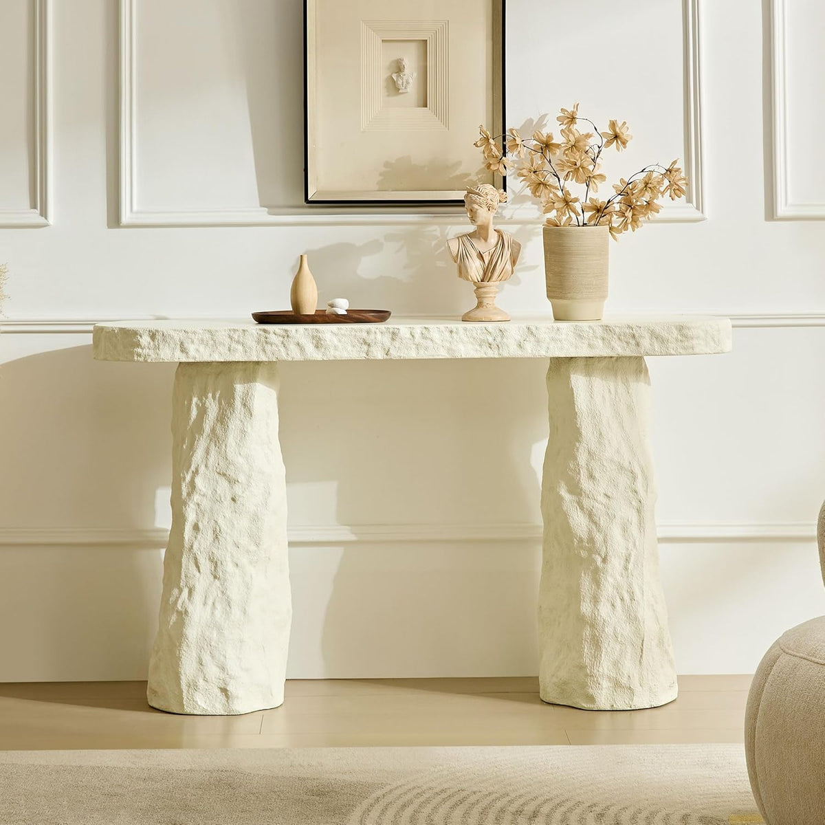 53.94" Modern Console Table,Imitation Stone Table,Fiberglass Entryway Table Long Sofa Table with Round Edge Design for Living Room,Hallway (Beige)