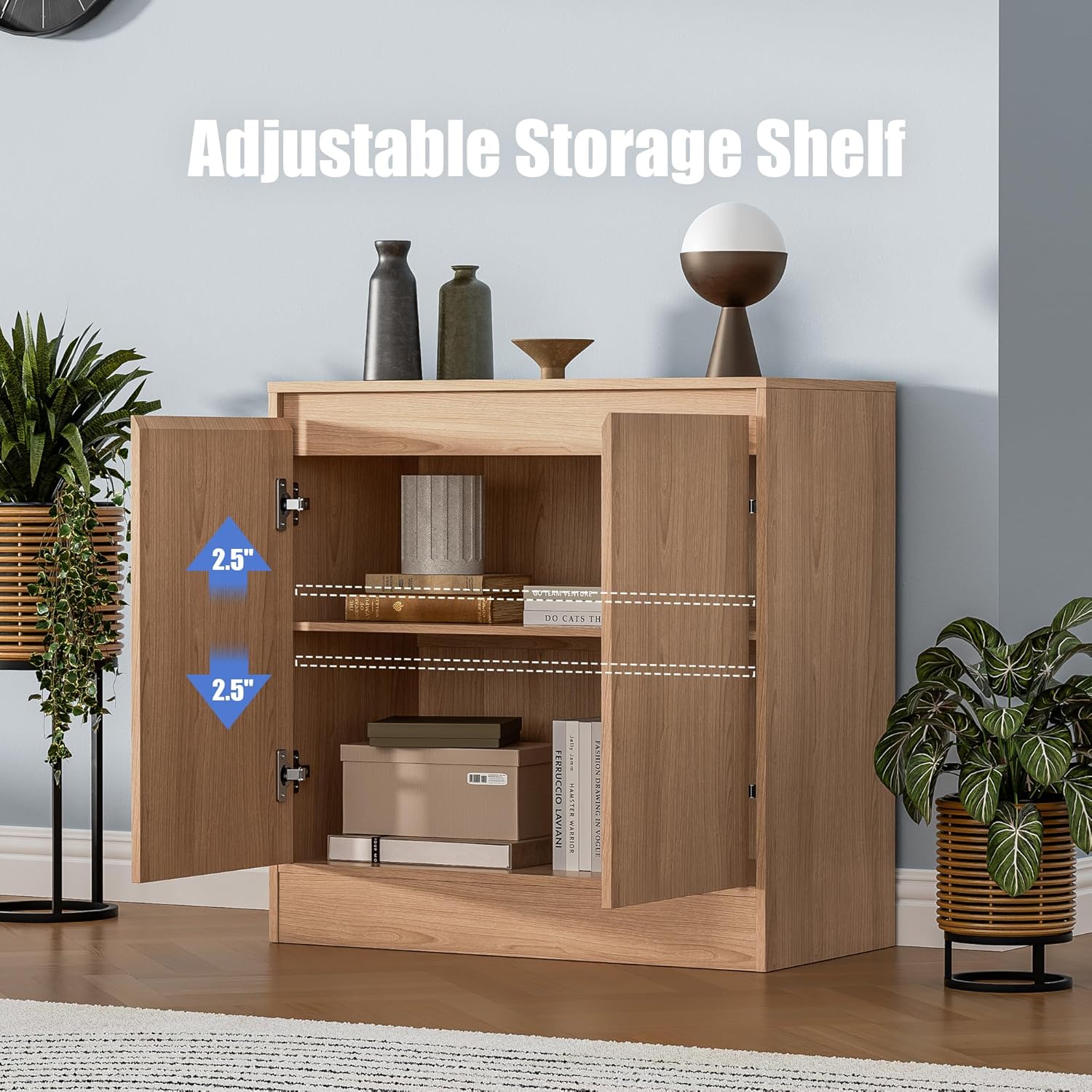 Housoul Buffet Cabinet with 4 Doors, Coffee Bar Cabinet with Adjustable Shelf, Modern Kitchen Buffet Sideboard for Living Room, Kitchen, Oak [2-Set]