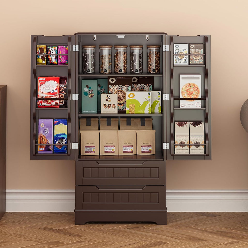 Gizoon 47'' Kitchen Pantry Cabinet with Drawers for Dining Room, Dark Brown | Small Food Pantry Storage Cabinet with 6 Door Shelves for Snacks and Spices, Craft Storage Cabinet for Craft Room