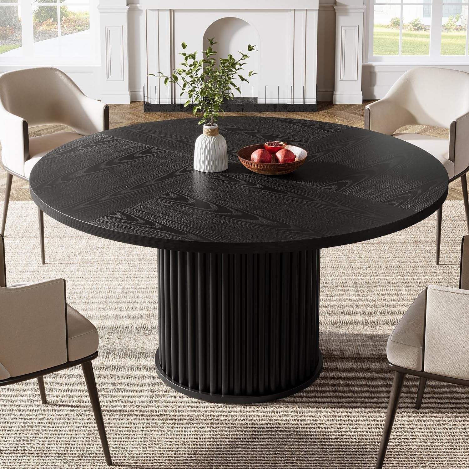 Tribesigns 47.24" Black Round Dining Table for 4-6 People | Modern Fluted MDF + Metal Base Kitchen Table, Sturdy Circle Dining Room Furniture, Easy Assembly, Black