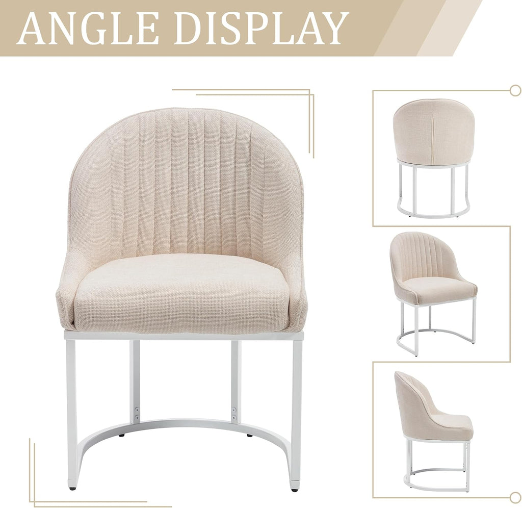 Linen Dining Chair Set of 4, Modern Upholstered Kitchen Chair with White Metal Legs, Kitchen & Dining Room Chairs for Restaurant/Bedroom/Living Room (Beige+White, Set of 4)