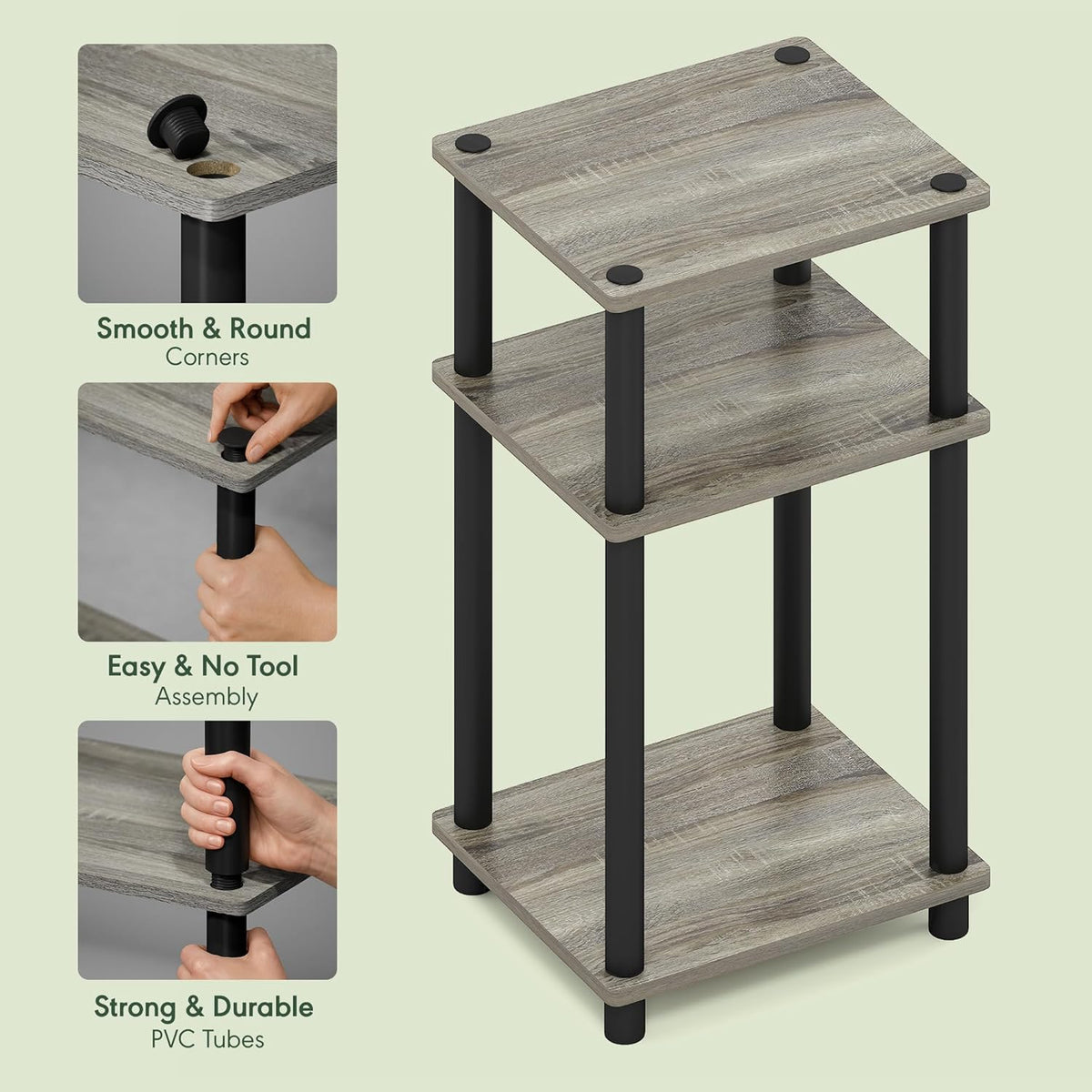 Furinno JUST Side Table, 3-Tier End Table, Open Shelves Night Stand, Bedside Table, Toolless Assembly, for Living Room, Bedroom, Bathroom, French Oak