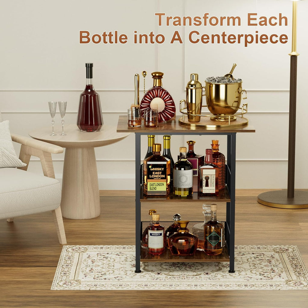 Bar Cart, Mobile 3-Tier Serving Cart with Lockable Wheels, Freestanding Wine Rack & Liquor Cabinet for Kitchen, Dining Room, Home Bar in Black