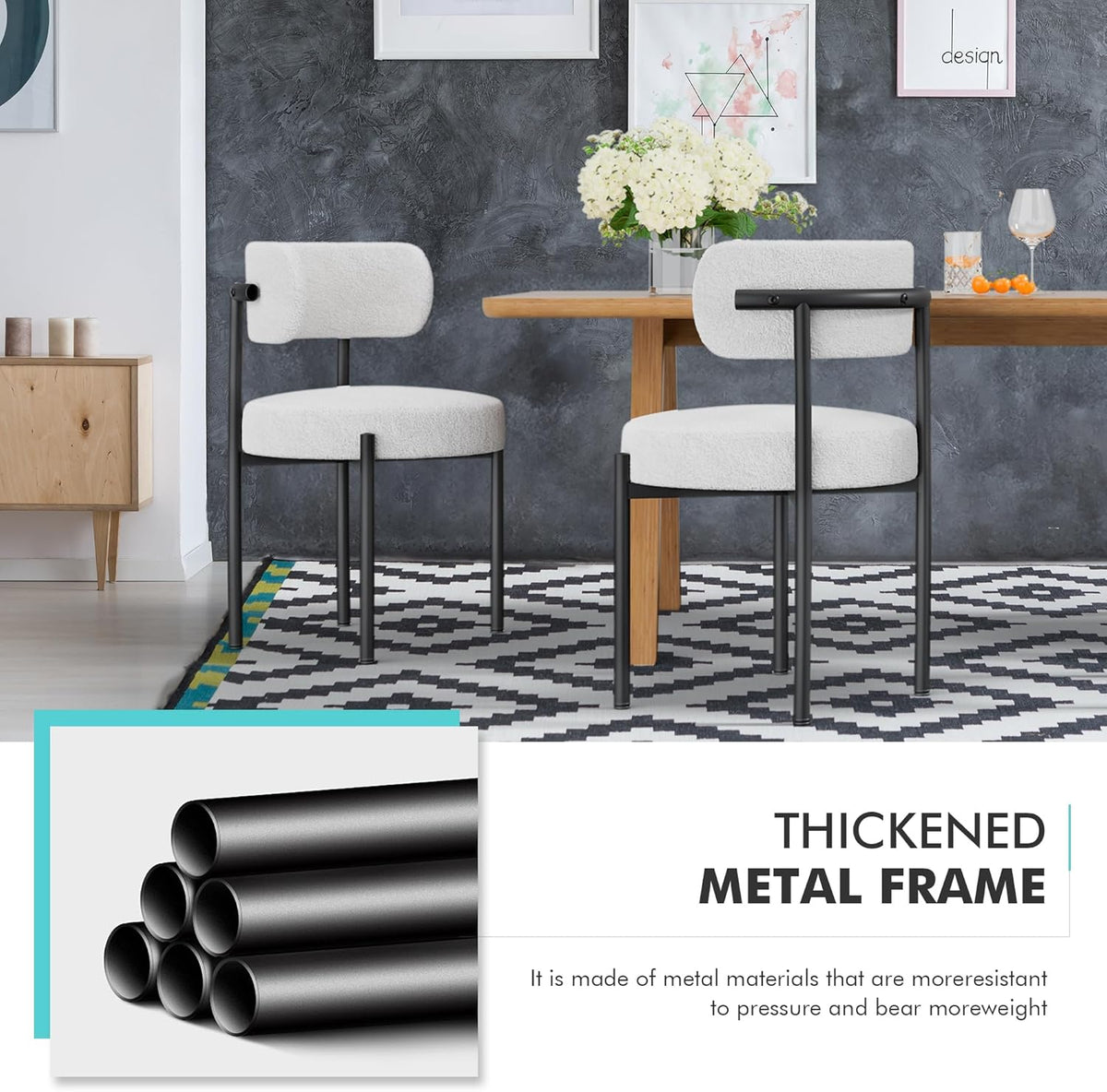 PatioPerk Boucle Dining Chairs Set of 6, White Mid Century Morden Chair with Curved Backrest, Round Upholstered Sherpa with Metal Legs, Suitable for Various Kitchen Styles