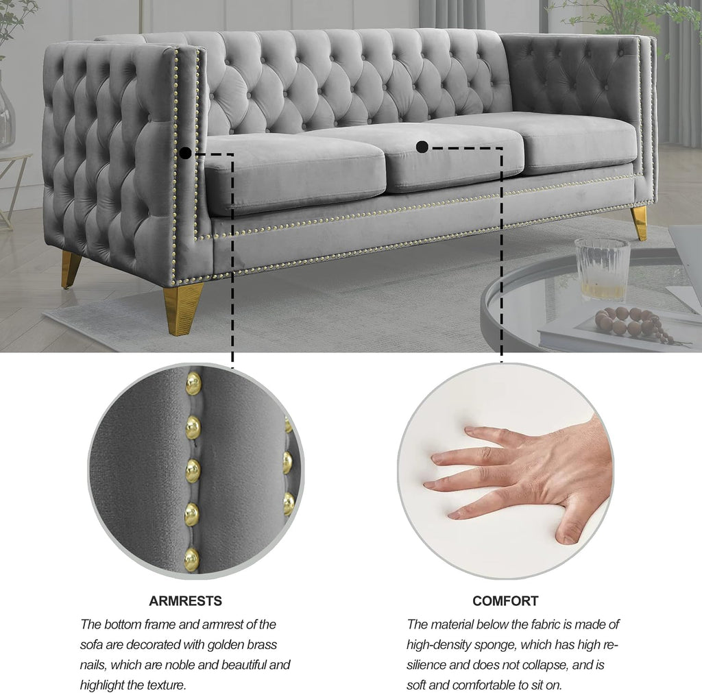 mikibama 80.5" Velvet 3 Seater Sofa Couch for Living Room,Button Tufted 3-Seat Couches with Nailhead Trims,Modern Upholstered Sofas with Golden Metal Legs for Bedrooom,Office