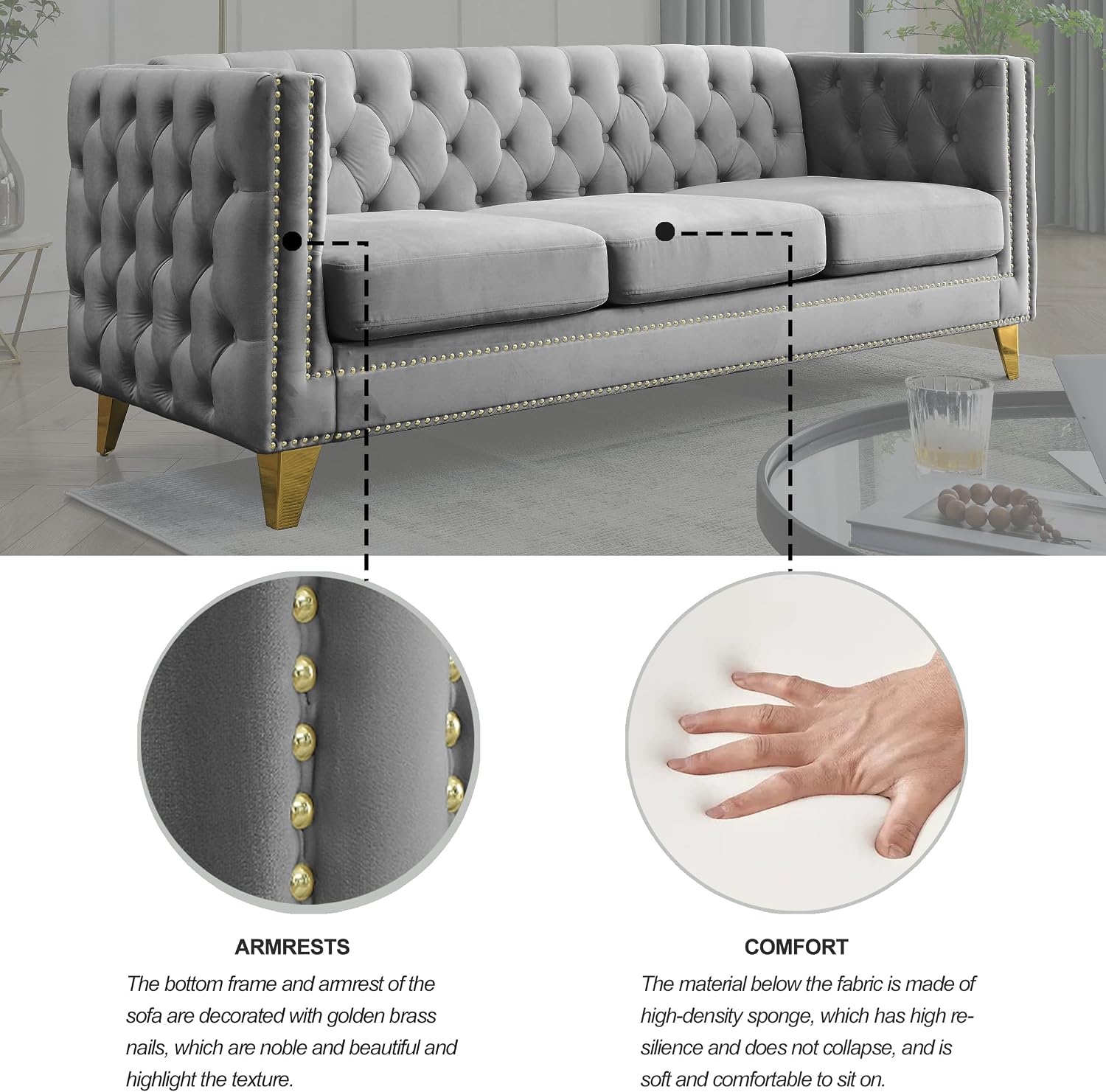mikibama 80.5" Velvet 3 Seater Sofa Couch for Living Room,Button Tufted 3-Seat Couches with Nailhead Trims,Modern Upholstered Sofas with Golden Metal Legs for Bedrooom,Office