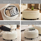 24Inch White Round Storage Ottoman, Upholstered Coffee Table | Modern Tufted Fabric Circle Storage Coffee Table with Removable Lid, Upholstered Storage Ottoman with Tray for Living Room