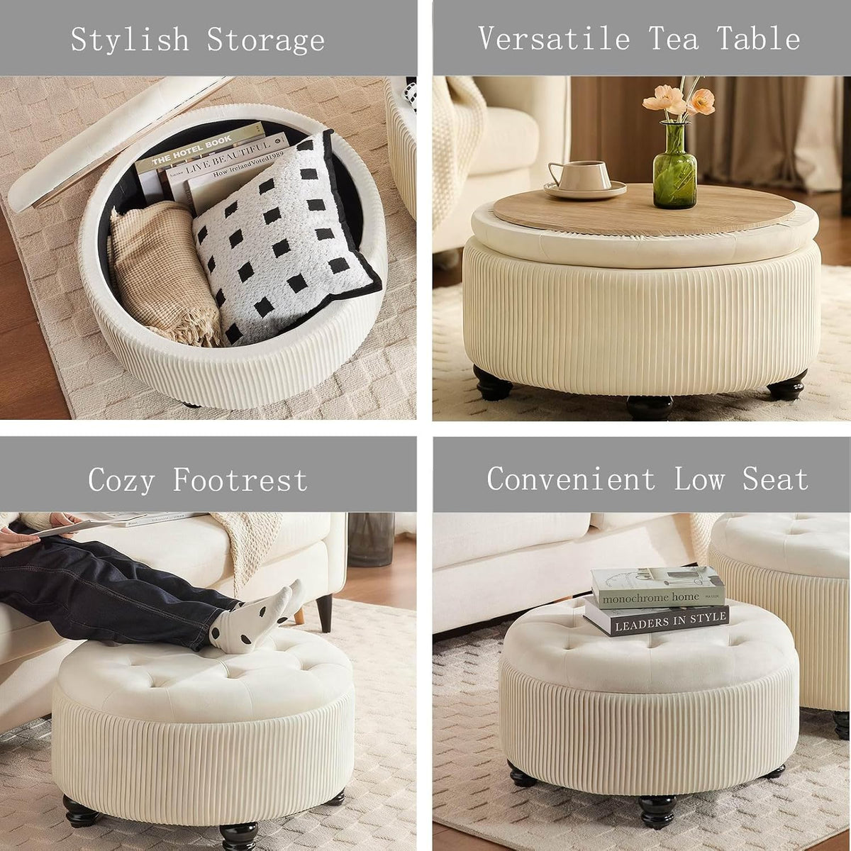 24Inch White Round Storage Ottoman, Upholstered Coffee Table | Modern Tufted Fabric Circle Storage Coffee Table with Removable Lid, Upholstered Storage Ottoman with Tray for Living Room