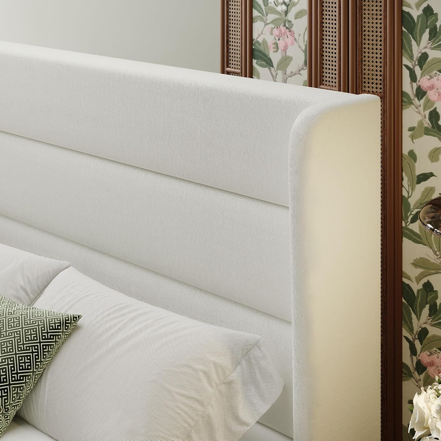 SHA CERLIN Queen Size Velvet Bed Frame with Wingback Headboard/Upholstered Platform Bed with Wooden Slats/Mattress Foundation/No Box Spring Needed/Easy Assembly/White