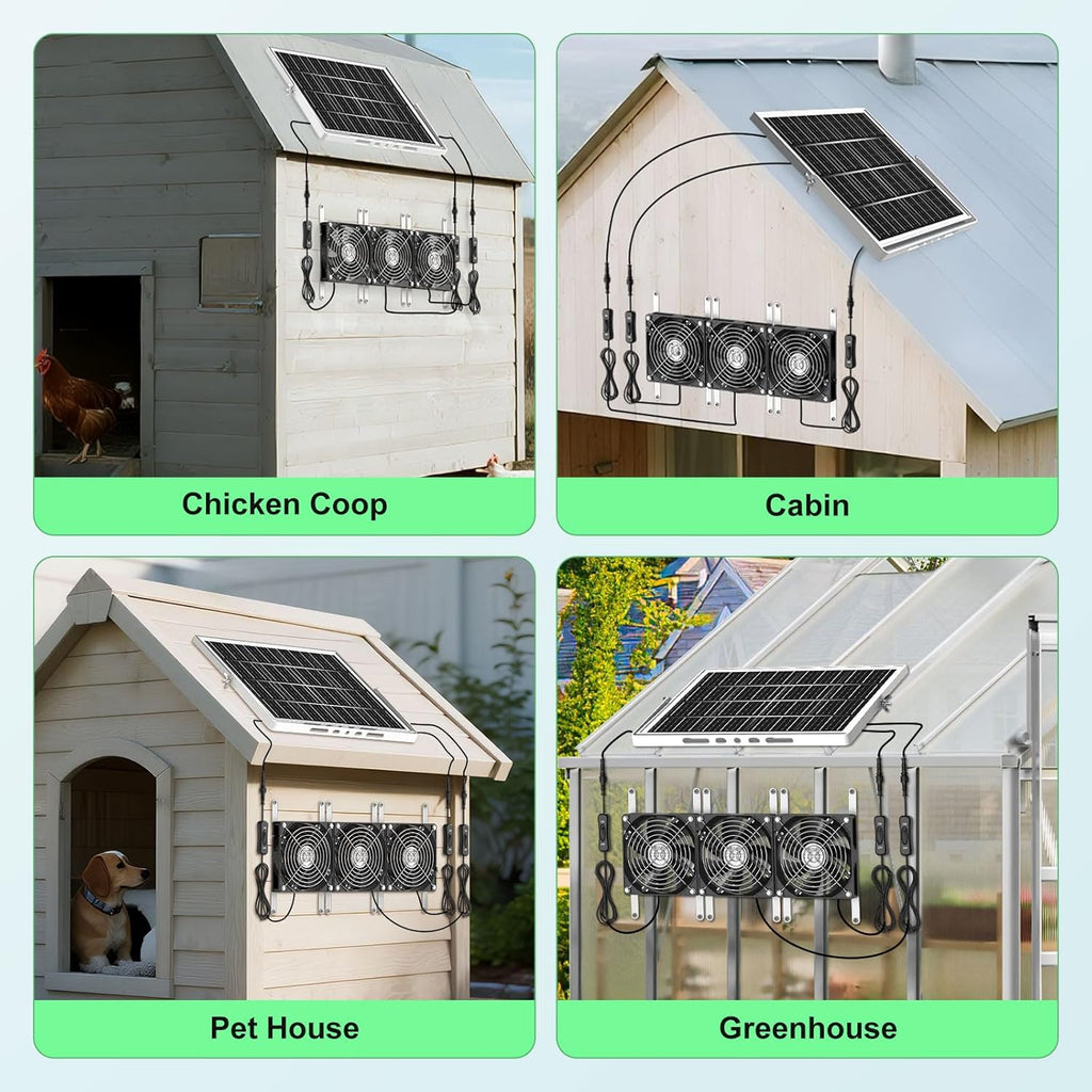 New 5.5" Solar Fan 3 Kit, 35W Solar Powered Exhaust and Intake Greenhouse Fan Outdoor Waterproof, 16.5ft Cord, Strong Airflow, for Chicken Coop Shed Pet House Air Circulation and Ventilation