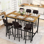 Recaceik 50" Dining Table Set for 6, 7-Piece Counter Height Bar Table Set with Upholstered Stools, Space-Saving Modern Pub Set for Kitchen, Breakfast Nook & Home Bar, Rustic Brown
