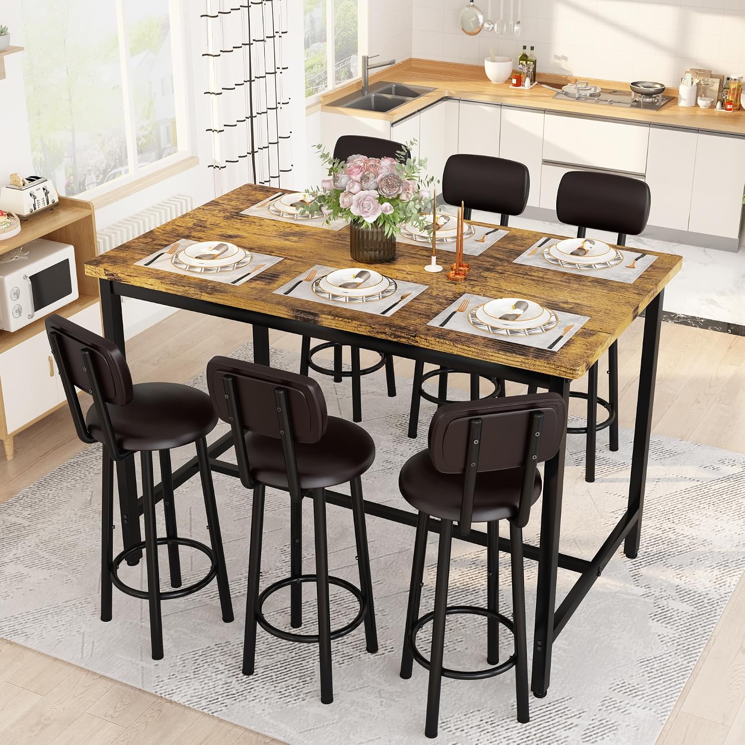 Recaceik 50" Dining Table Set for 6, 7-Piece Counter Height Bar Table Set with Upholstered Stools, Space-Saving Modern Pub Set for Kitchen, Breakfast Nook & Home Bar, Rustic Brown