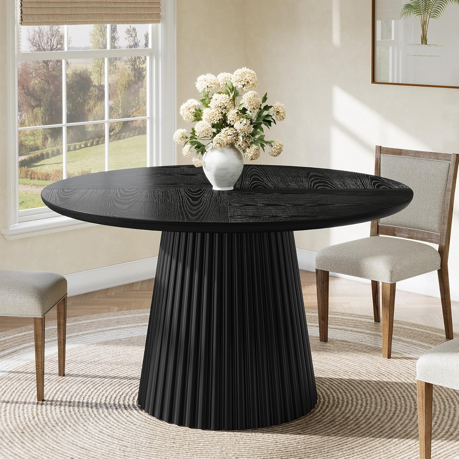 Tribesigns 47" Round Dining Table for 4-6 People, Farmhouse Circle Kitchen Table with Heavy Duty Fluted Pedestal Base for Dining Room, Kitchen, Living Room (Table Only)