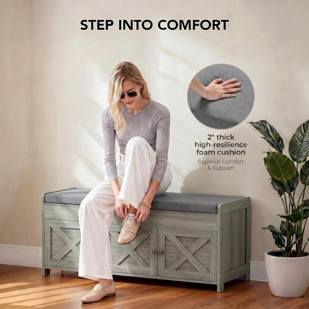 Marsail Shoe Storage Bench with Seating, Farmhouse Entryway Bench with Shoe Storage and Cushion, Under Window Benches Wooden Ottoman for Bedroom, Entry Way, Living Room, Grey