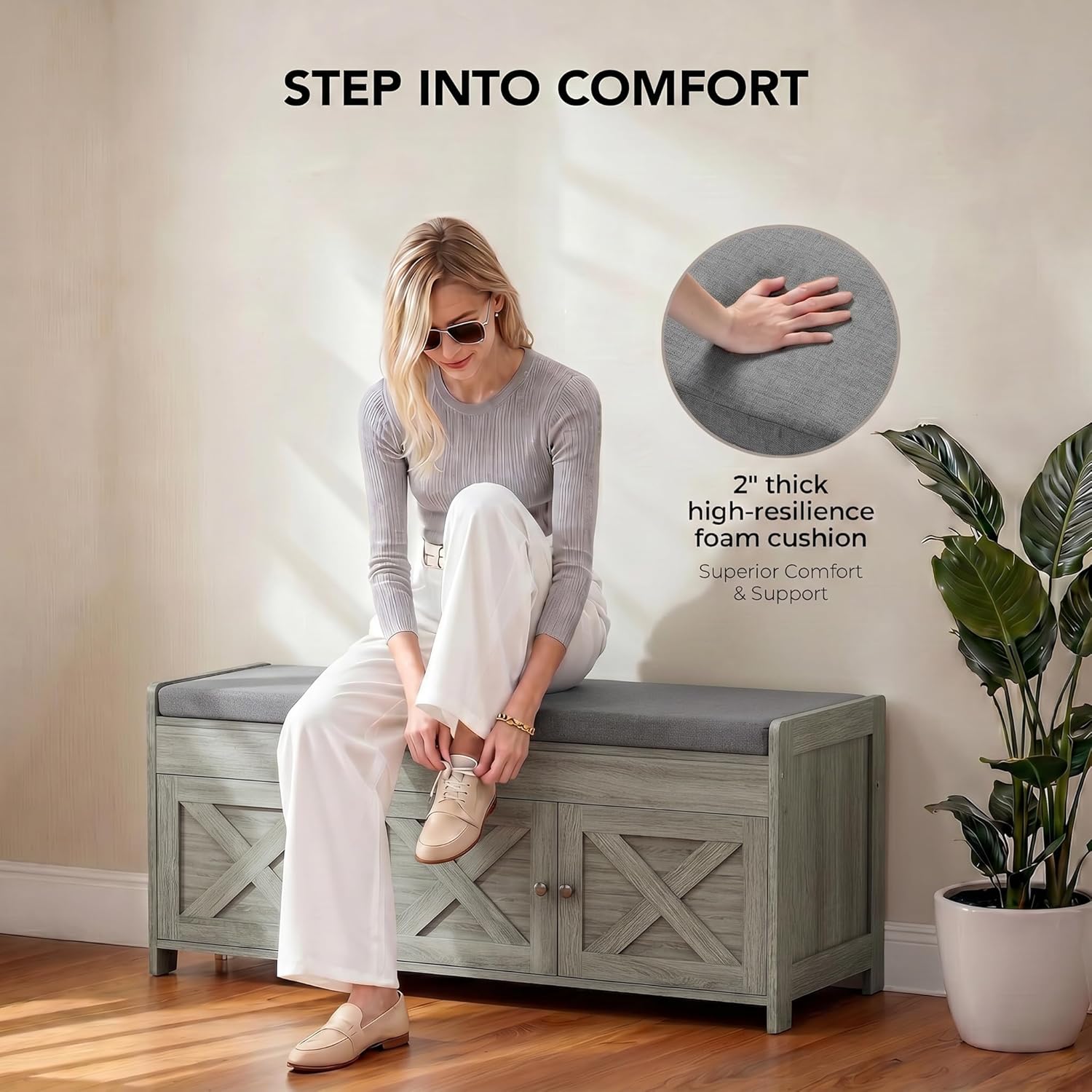Marsail Shoe Storage Bench with Seating, Farmhouse Entryway Bench with Shoe Storage and Cushion, Under Window Benches Wooden Ottoman for Bedroom, Entry Way, Living Room, Grey
