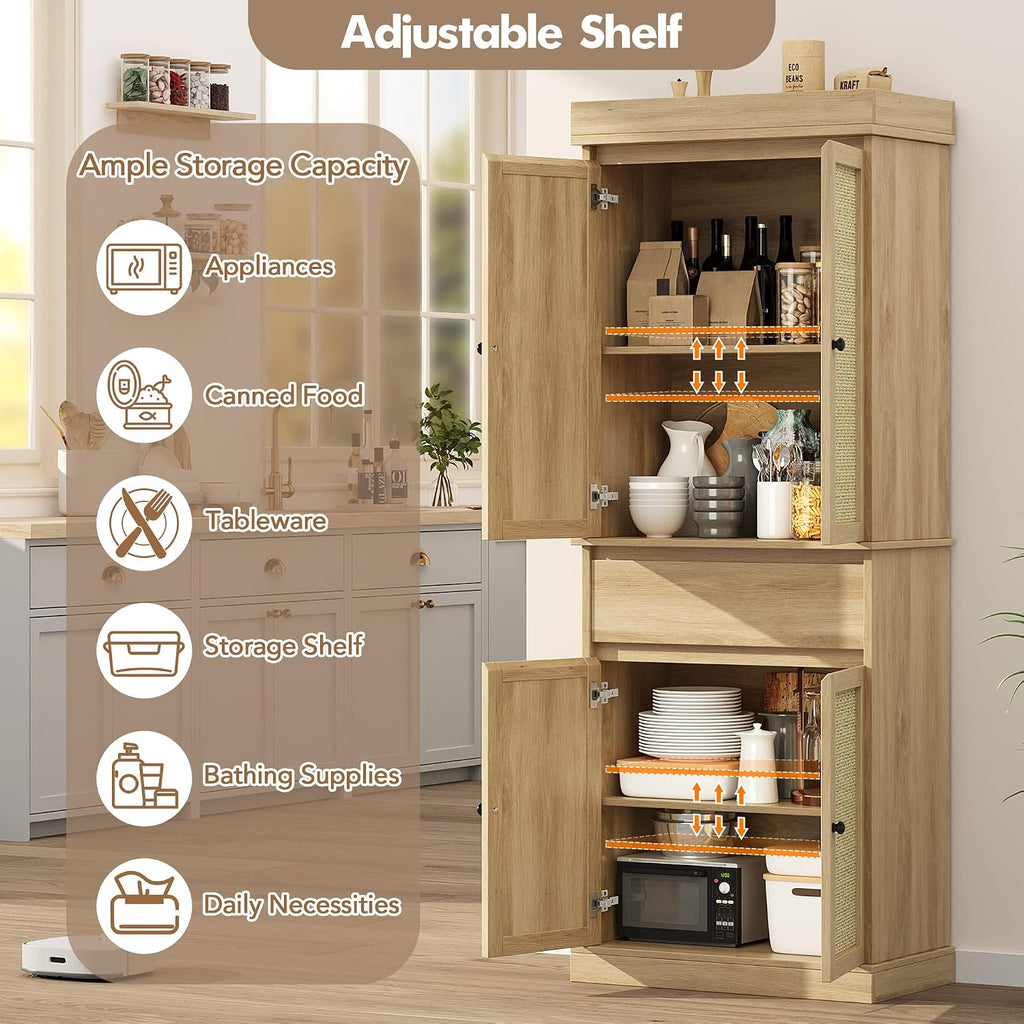 GarveeHome Kitchen Pantry Cabinet, Tall Storage Cabinet with Rattan Doors and Adjustable Shelves, Freestanding Cupboard with Drawer for Bathroom, Dining Room, Living Room, Natural Oak