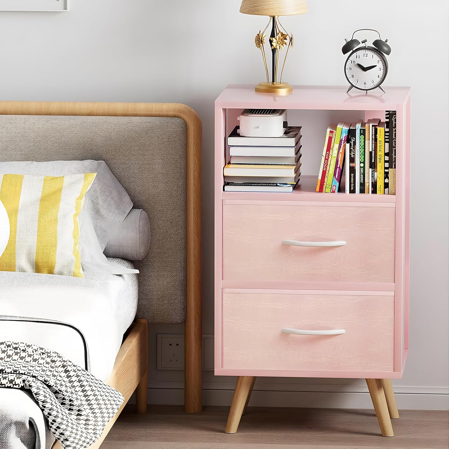 Aenuert Night Stand, Pink Nightstand with 2 Fabric Drawers, Wooden Side Table with Open Storage, 3-Tier Modern End Table, Bedside Table for Small Space, Living Room, Bedroom
