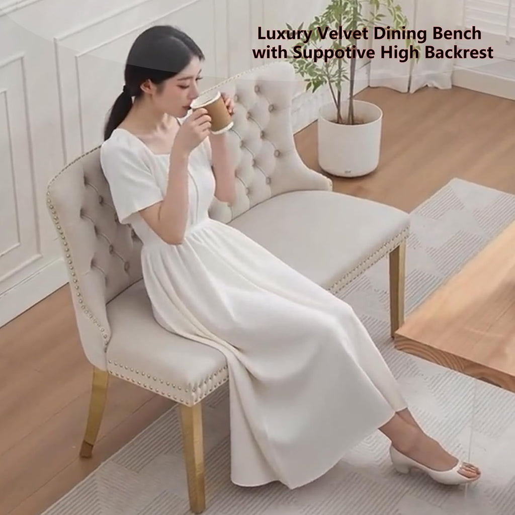 Upholstered Dining Bench with Back Button Tufted Settee Benches Small Loveseat Sofa Couch for Small Spaces,Entryway,Kitchen Banquettee Seating Sofa Benches with Backrest (Beige, Dining Bench)