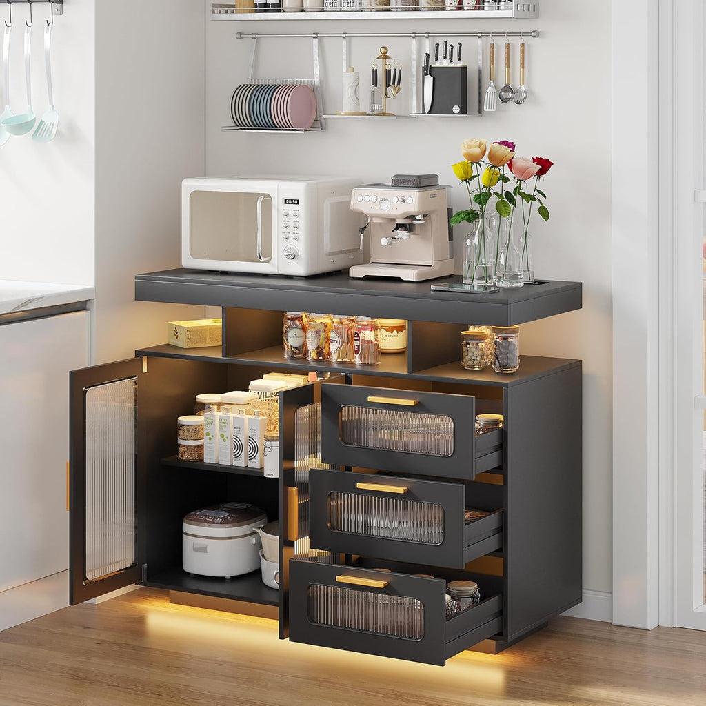 HWB Coffee Bar Cabinet with Storage, Buffet Sideboard with RGB Light, Modern Coffee Bar Table with Charging Station, Black