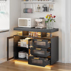 HWB Coffee Bar Cabinet with Storage, Buffet Sideboard with RGB Light, Modern Coffee Bar Table with Charging Station, Black