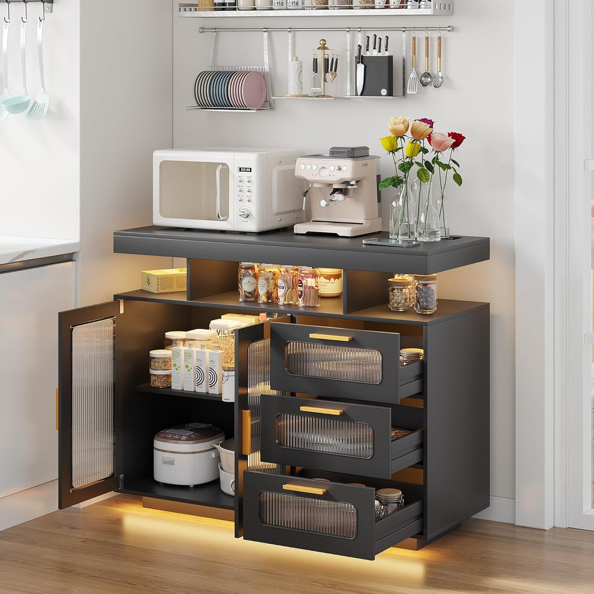 Dystler Coffee Bar Cabinet with Storage, Modern Buffet Cabinet with 3 Drawers and 2 Doors, Sideboard Buffet with Charging Station and Lights, Black