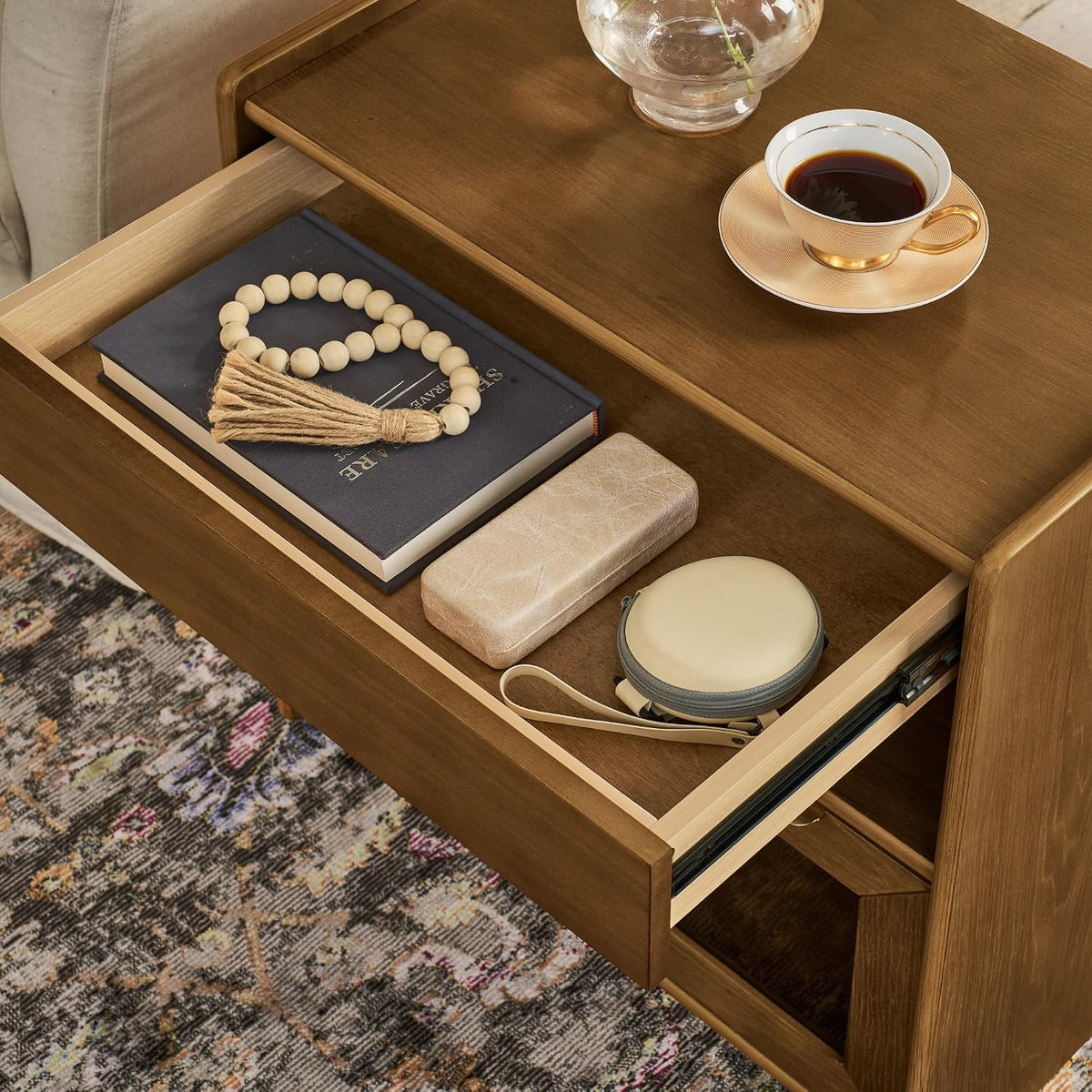 Mid Century Modern Nightstand with Charging Station & Outlet Hole & 2 Drawers, Farmhouse End Table with Open Shelf & Glass Drawer Dresser, Side Cabinet for Living Room,for Small Spaces