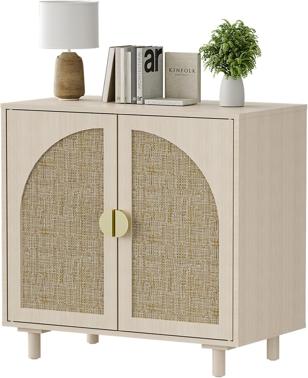 Rattan Sideboard Buffet Cabinet, Wood Storage Credenza Cabinet with Doors and Shelves, Boho Sideboard Cabinet with Curved Door for Living Room, Kitchen, Entryway, Beige