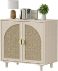 Rattan Sideboard Buffet Cabinet, Wood Storage Credenza Cabinet with Doors and Shelves, Boho Sideboard Cabinet with Curved Door for Living Room, Kitchen, Entryway, Beige