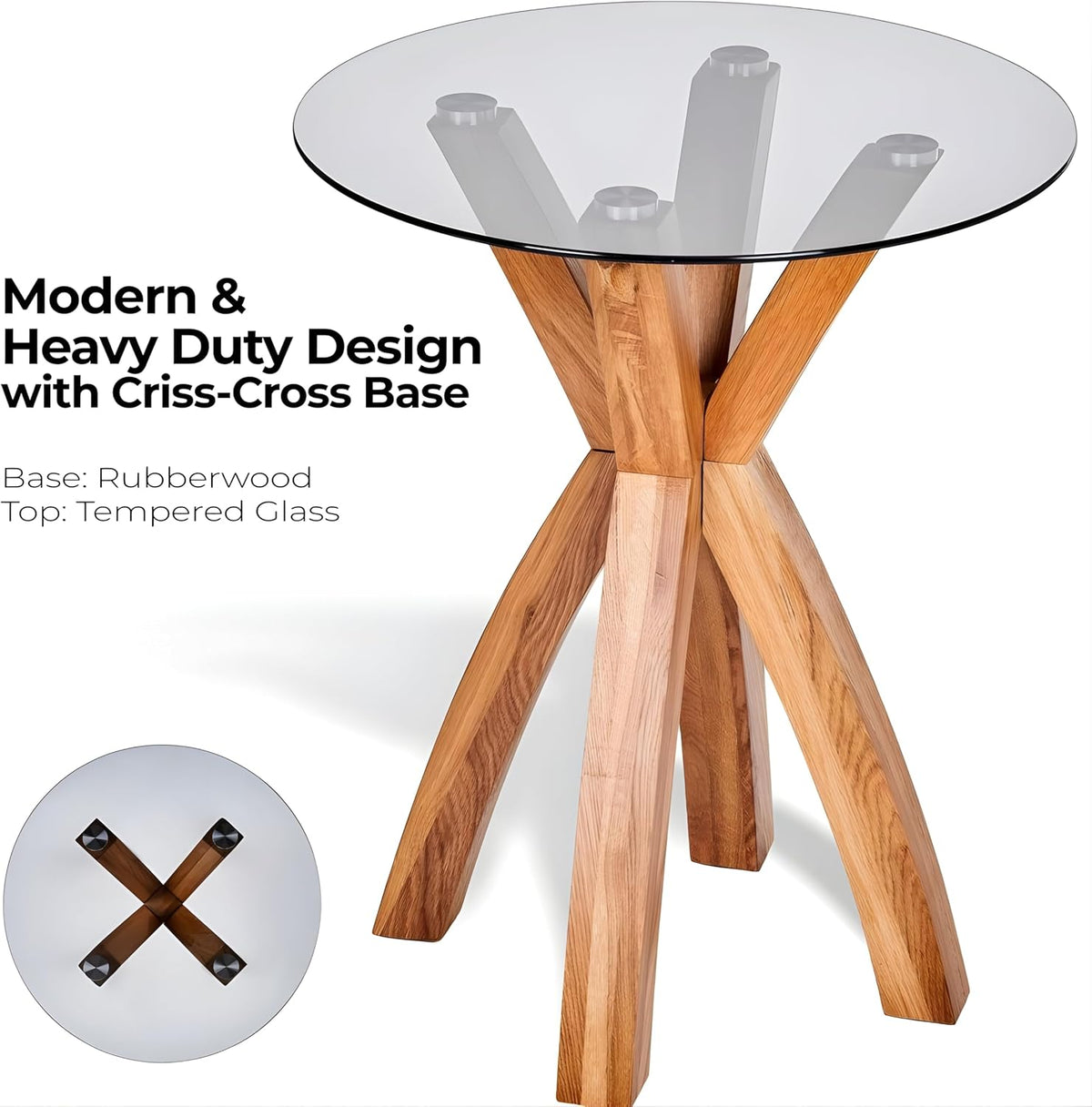 Round Glass End Table, Small Sofa Side Table for Living Room, Bedroom. Stylish Wood Legs with 20” Tempered Glass Top. Nature Oak