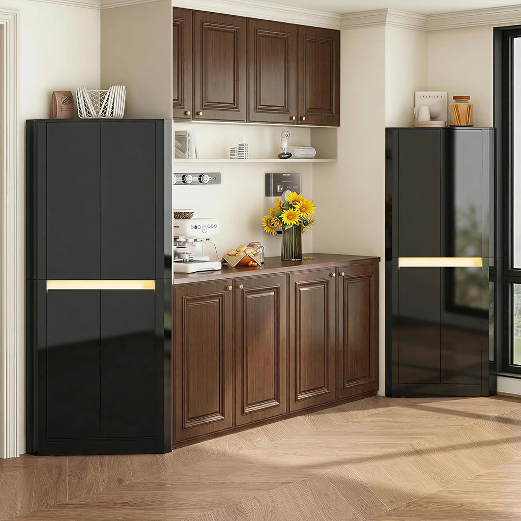 Anbuy 67'' Tall Pantry Cabinet with Led Light, Corner Pantry Cabinet with 4 High Gloss Doors and Adjustable Shelves, Space Saving Storage Cabinet for Food Hutch for Kitchen, Living Dining Room(Black)
