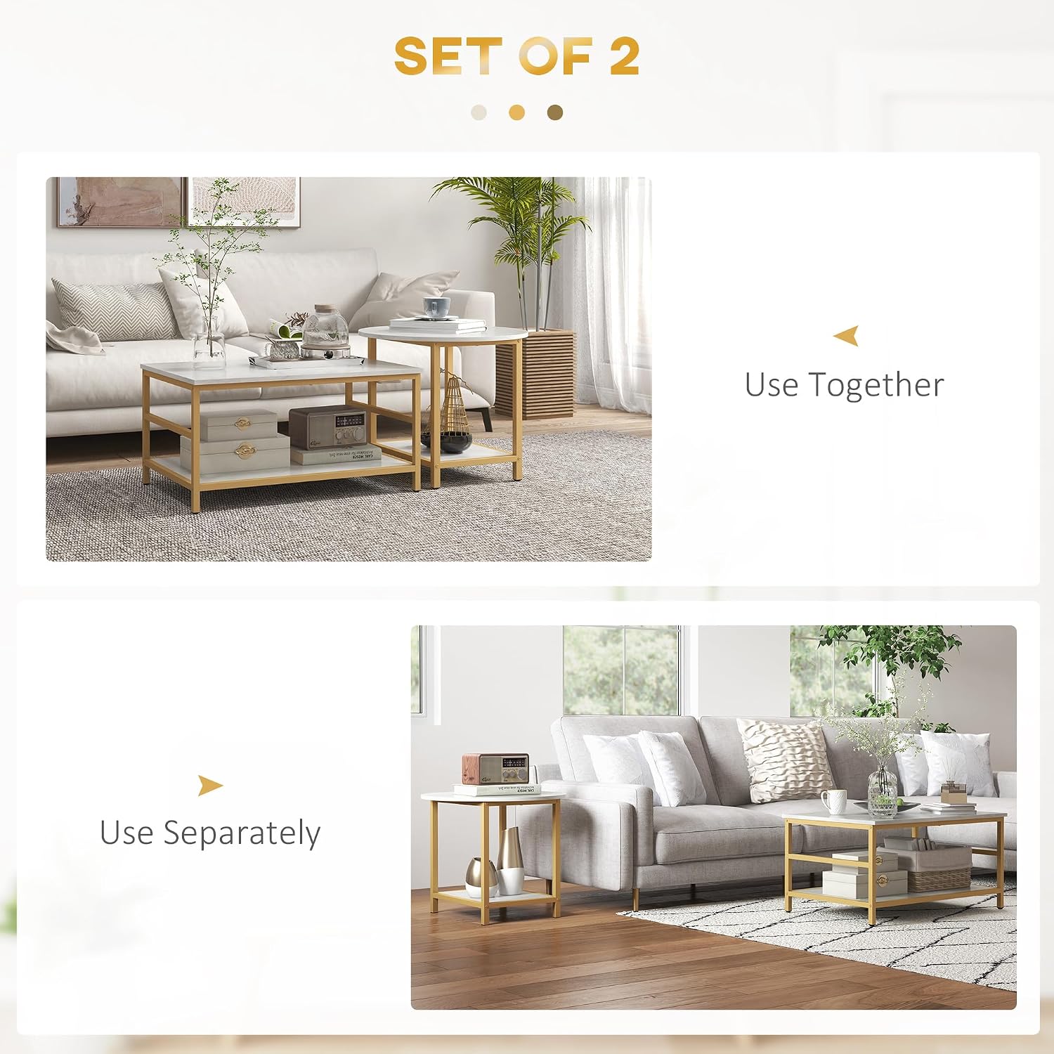 Brilluxa Coffee Table Set, 2-Piece Cocktail Table and Living Room Table Set with Rectangle and Round Tables, Faux Marble Tops, Storage Shelves for Small Spaces