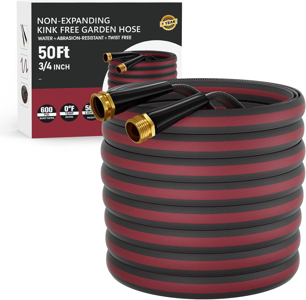 50ft Non-Expanding Garden Hose with 8-Layer Latex Core, Lightweight & Kink-Free, Flexible Heavy Duty Water Hose for Lawn, Yard, Car Washing (3/4" Solid Brass Fittings, Crush-Resistant)