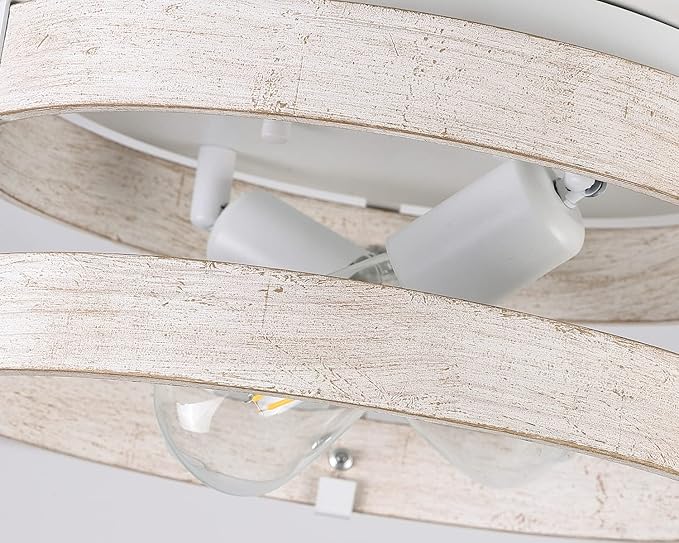 Modern Farmhouse ?Antique White Distressed Flush Mount Light Fixture 2-Light Wood Drum Semi Flush Mount Ceiling Light for Hallway Bedroom Kitchen Entryway Farmhouse