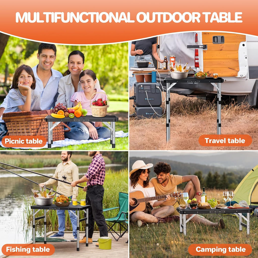 FUNYKICH Camping Table with Waterproof Plastic Tabletop 22.8''x15.7'', 3 Height Adjustable Small Folding Table, Lightweight Portable Picnic Table with Carry Handle for Picnic Beach Travel,Black Silver