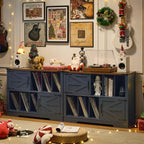 Joaxswe Large Record Player Stand with Vinyl Storage Up to 450 Albums, 39 Inch Farmhouse Wood Navy Blue Vinyl Records Storage Cabinet with Barn Doors, Mid-Century Turntable Stand for Living Room