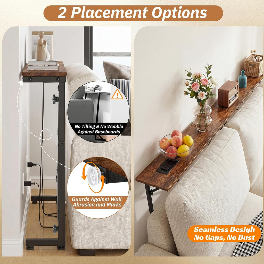 Adjustable Behind Couch Table with Outlets, Brown