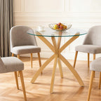 ivinta Small Glass Dining Table for 2-4 People, 31.5" Round Coffee Table with Solid Wood Legs, Mid-Century Modern Kitchen Table for Dining Room, Living Room, Restaurant, CURD-80 (Natural Wood)