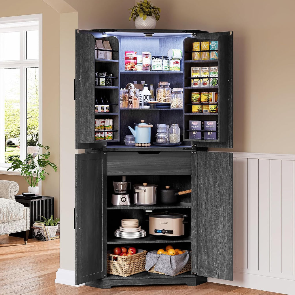 Dripex 71" Black Farmhouse Corner Pantry Cabinet with LED Light, Tall Storage Cabinet with Doors & Adjustable Shelves, Food Pantry for Kitchen, Living Room, Dining Room