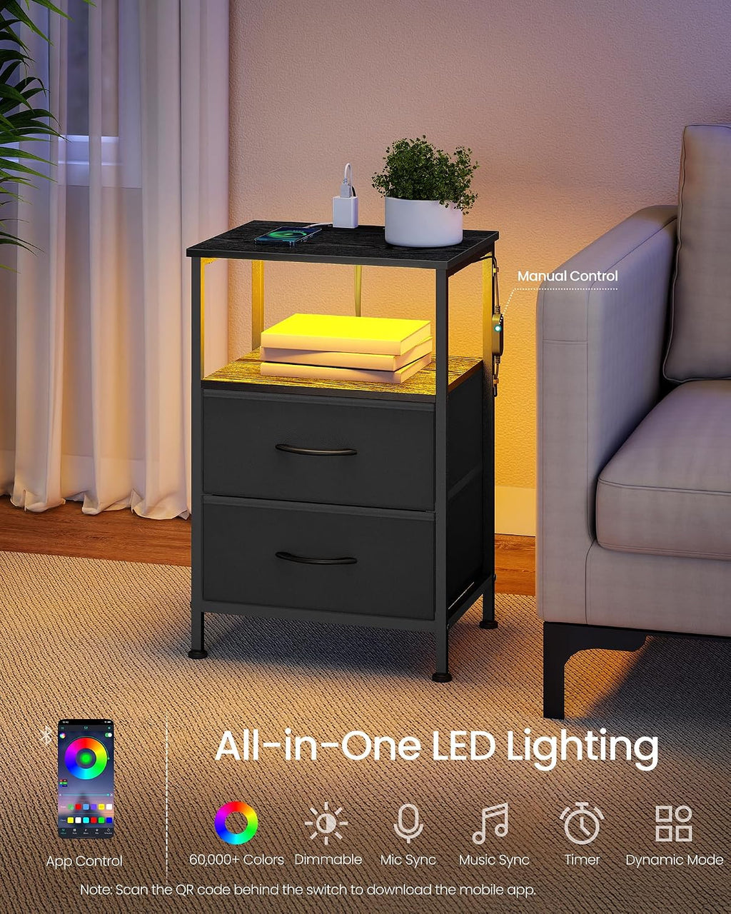 SONGMICS BELLAH Collection - Nightstand with Charging Station and App-Controlled Adjustable LED Lights, Bed Side Table, 2 Drawers and 1 Open Shelf, Modern, Ink Black and Ebony Black ULGS302BH01S