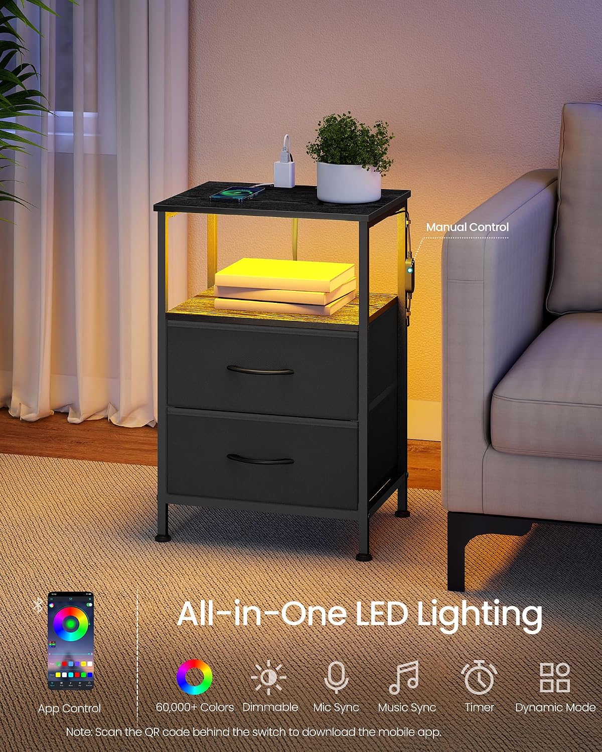SONGMICS BELLAH Collection - Nightstand with Charging Station and App-Controlled Adjustable LED Lights, Bed Side Table, 2 Drawers and 1 Open Shelf, Modern, Ink Black and Ebony Black ULGS302BH01S