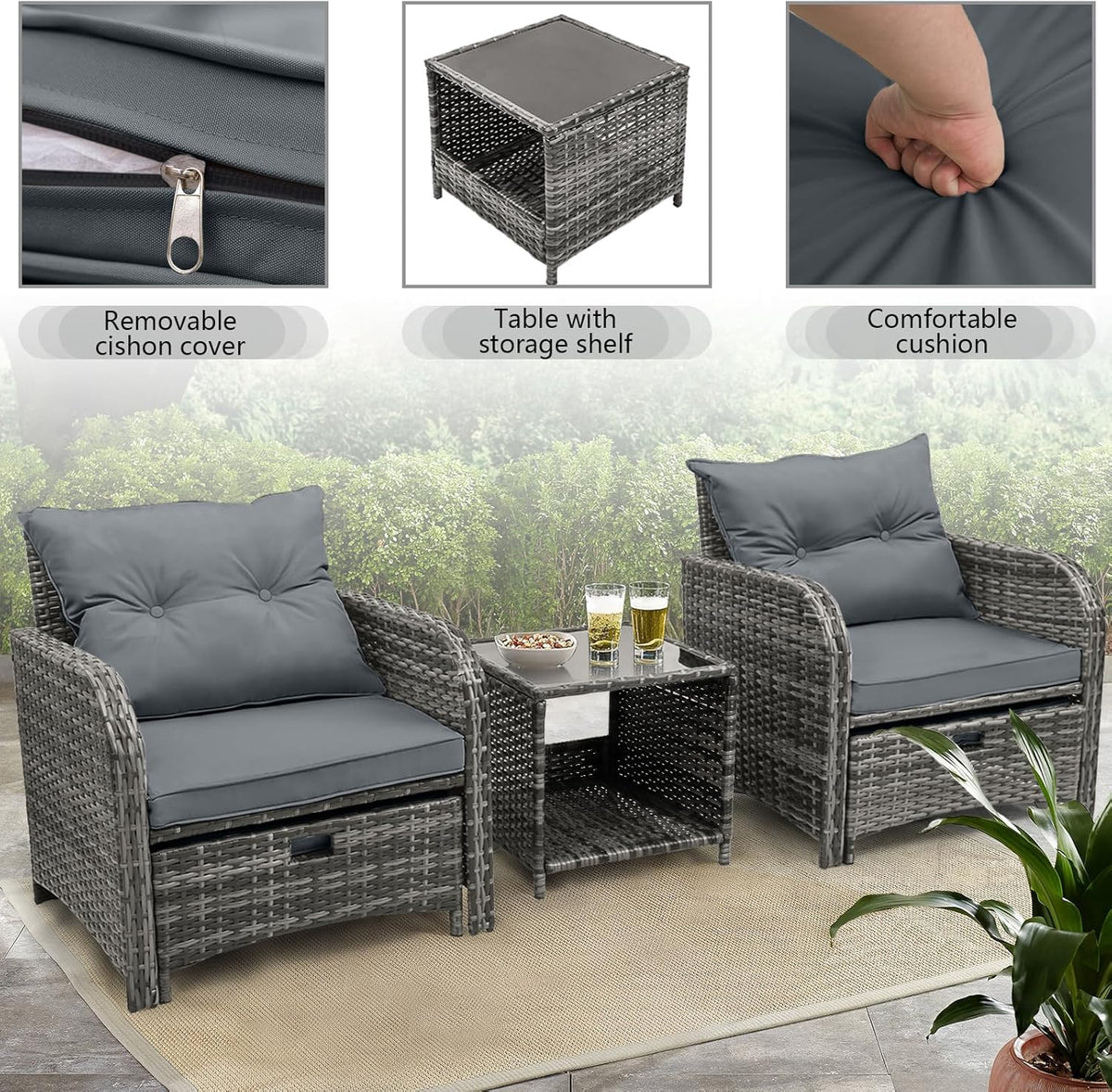 Patio Chair with Ottomans and Table, 5 Piece PE Wicker Rattan Outdoor Patio Furniture Set, Space Saving Design Outdoor Chairs with Ottomans Set for Balcony Poolside Front Porch Deck, Grey