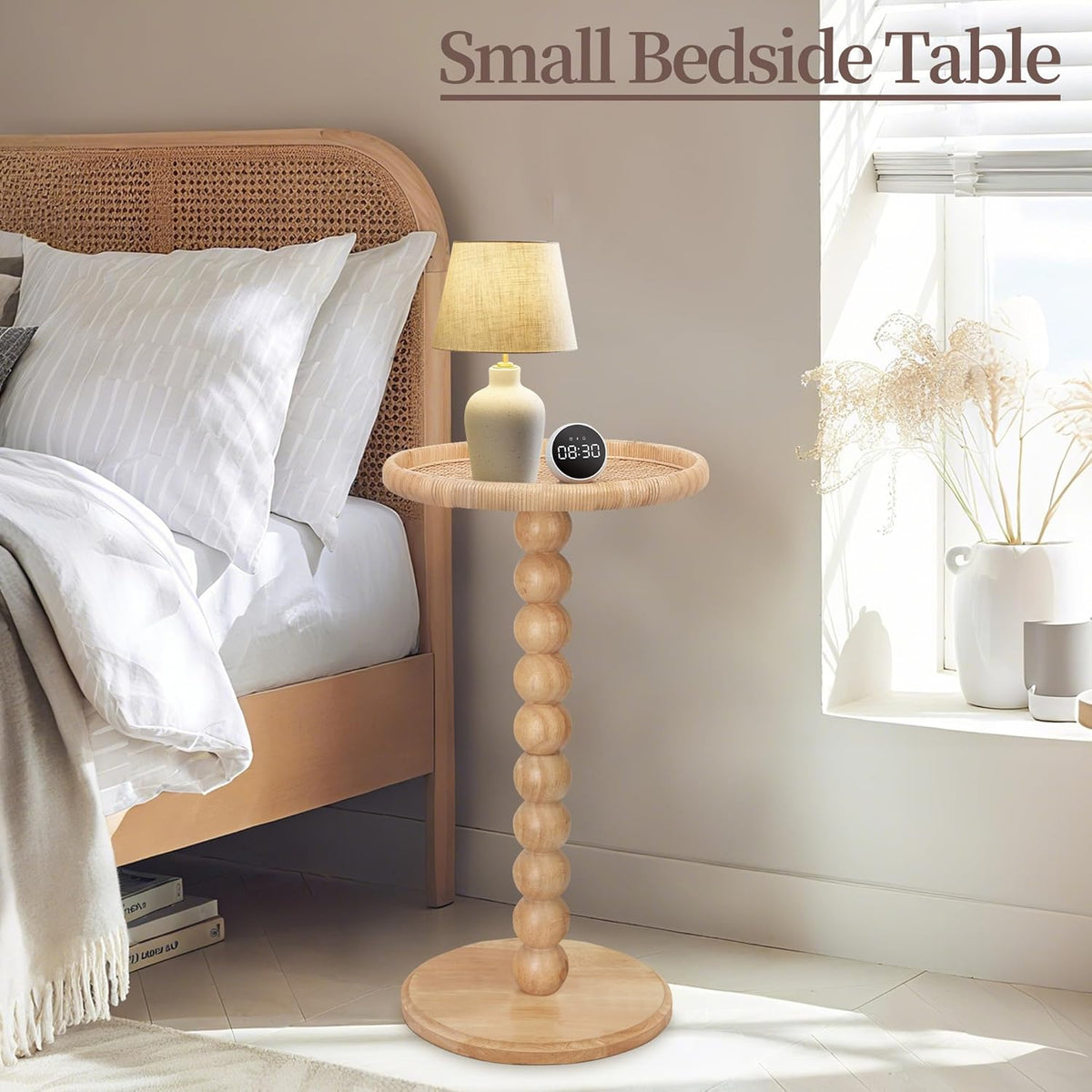 Drink Table, Boho Rattan Small Round Side Table for Small Spaces, Solid Wood Circle End Table for Living Room, Pedestal Table for Couch, Bedroom, Corners, Natural