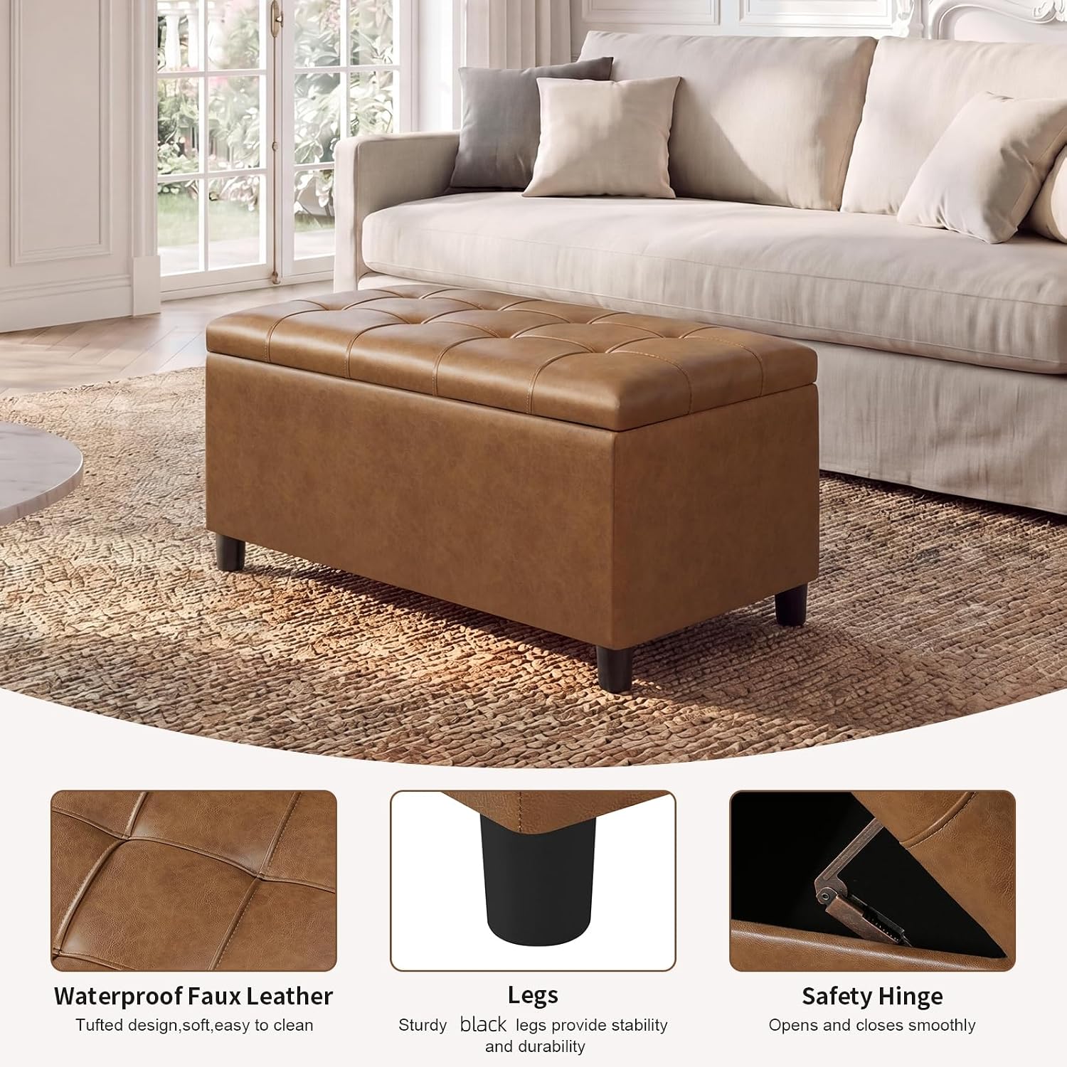 Asense Storage Ottoman Bench,Faux Leather Upholstered Ottoman with Storage,End of Bed Bench with Safety Hinge,for Entryway,Bedroom,Living Room