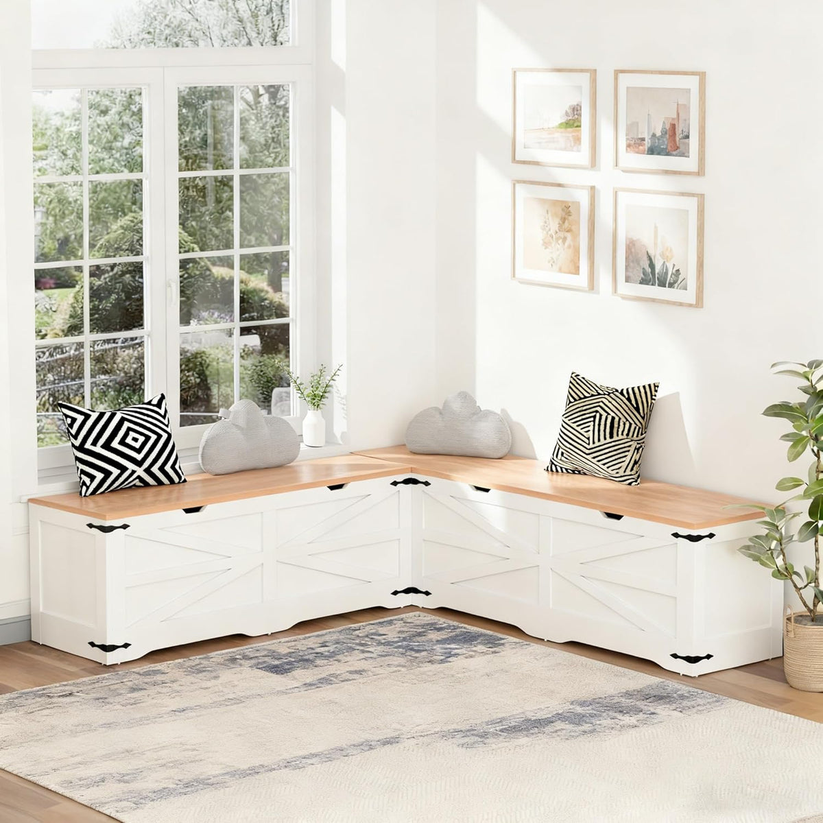 L Shape Kitchen Breakfast Nook Bench, Backless Farmhouse Storage Bench, Corner Dining Bench with Hidden Storage for Dining Room, Kitchen, Entryway